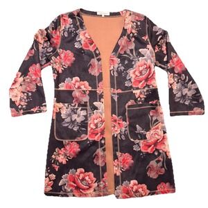 Solitaire Cardigan Jacket Womens Medium‎ Pink Floral Mid Length Boho Lagenlook